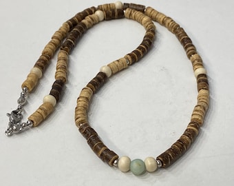 Amazonite Surfer Necklace Wood Gemstone Stainless Steel Choker for Man, Best Gift for Him, Birthday Earthy Jewellery, Men’s Jewelry