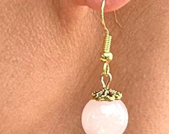 Handmade Rose Quartz Dangle Earrings: 10mm Gold Drop Earrings