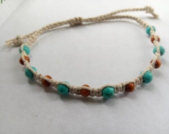 Turquoise & Wood Bead Hemp Bracelet - Handmade Adjustable Anklet