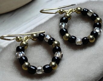 Hypoallergenic Earrings Black Gold Bead Hoop Dangle Drop Earrings