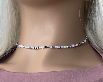 Dainty Choker Pink Beaded Necklace Random Beads Necklace Minimalist Seed Bead Bracelet Handmade Jewelry Mismatched Beaded Jewelry