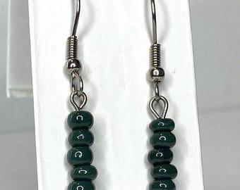 Handmade Dark Green Beaded Drop Earrings: Stainless Steel Dangles