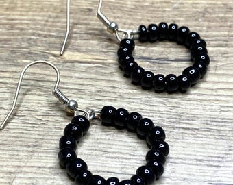 Black Beaded Hoop Earrings Dangle Drop Earring Silver Jewelry Gifts for Her