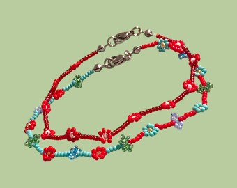 Red Flower Ankle Bracelet: Handmade Beaded Stainless Steel Anklet