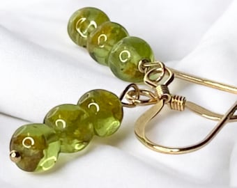 Peridot Triple Tiny Dangling Gold Filled Drop Earrings Dainty Natural Gemstone Drop Earrings, Green Earrings Gifts for her