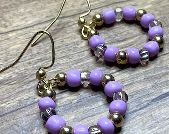 Gold Hoop Lavender Beaded Earrings Dangle Drop Earrings Hoops Hypoallergenic Earring