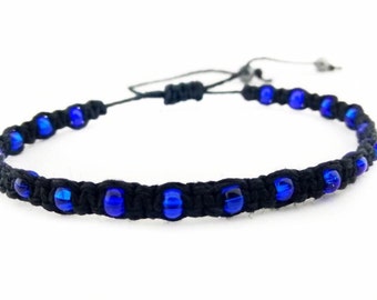 Mens Sapphire Hemp Bracelet Blue Ankle Bracelet Handmade Custom Jewelry Beaded Hemp Anklet September Gift Mens Jewelry Bracelet String