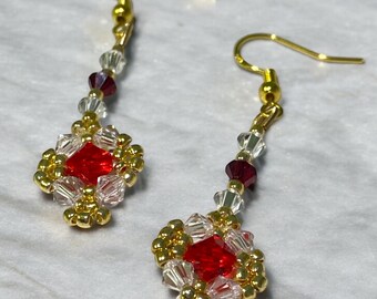 Red Beaded Earrings Gold Dangling Earring Handmade Jewelry for Her