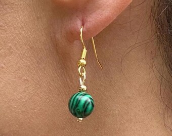 Simple Gemstone Gold Drop Ball Earrings Green Malachite Dangle Hypoallergenic Boho Jewelry For Her