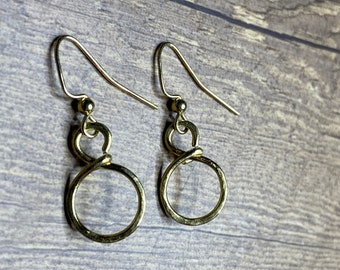 Hammered Gold Double Hoop Dangle Earrings Handmade Simple Earrings Lightweight