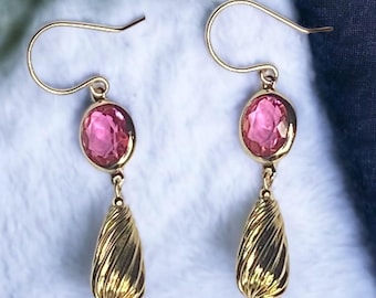 Gold Drop Earrings with Pink Crystal Gemstones - Vintage Jewelry - Handmade Jewellery