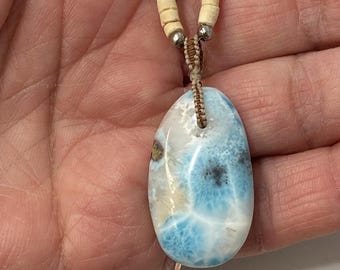 Larimar Surfer Necklace Wood Bead Choker Pendant Gift for Men or Women Beaded Jewellery Beach Necklaces, Beachy Jewelry
