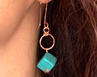 Hammered Copper Hoops for Women Turquoise Drop Earrings Copper Handmade Minimalist Jewelry Gifts for Her