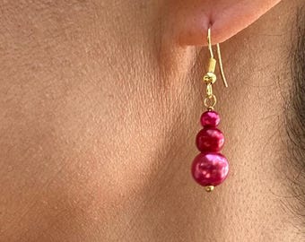Triple Bead Earrings Stack Hypoallergenic Red Glass Pearl Drop Earrings Gifts for Her, Dangling Earring Costume Jewelry