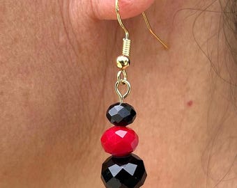 Hypoallergenic Gold, Black and Red Beaded Earrings, Handmade Jewelry