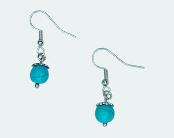 Silver Turquoise Dangle Earrings, Antique Gold Turquoise Small Drop Earrings Dangle Beaded, Bronze Jewelry Dangle Earrings