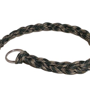 May include: A braided green and tan paracord keychain with a silver key ring.