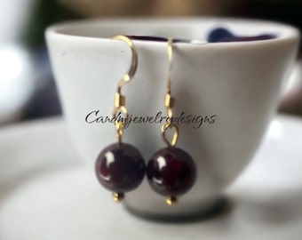 Garnet Dangle Earrings 14k Gold Filled Earrings Small Bead Drop Earrings Hypoallergenic Natural January Gemstone Earrings Gifts