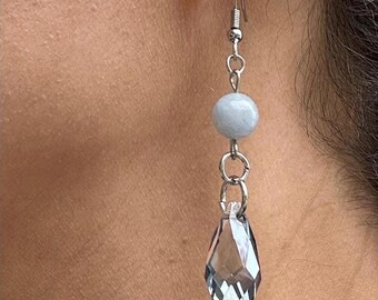 Teardrop Drop Earrings, Stainless Steel Gemstone Silver Dangle Earrings