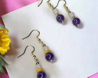 Handmade Amethyst Rose Quartz Dangle Earrings: Gold Over Sterling Silver