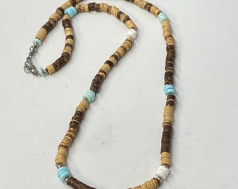 Men’s Surfer Wood Shell Beaded Necklace Stainless Steel Choker for Man, Best Gift for Him, Birthday Earthy Jewelry, Wood Bead Necklaces