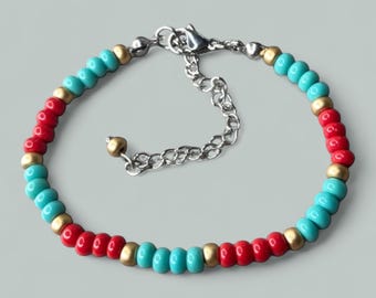 Adjustable Multicolor Ankle Bracelet Stainless Steel Turquoise Red Gold Silver Boho Beaded Bracelets, Handmade Jewelry Gifts