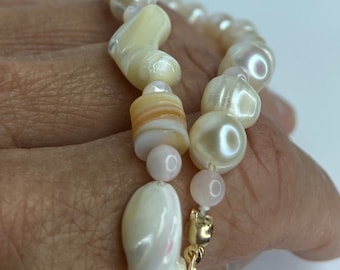 Boho Bride Gold Pearl and Shell Necklace Handmade Jewelry Gifts for Her Anniversary