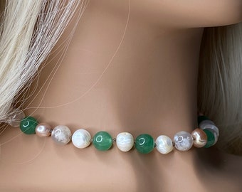 Gold Pearl Choker Necklace Beaded Gemstones Handmade Jewelry Gifts Mismatched Necklaces for Women