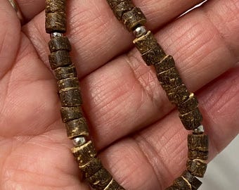 Mens Handmade Wood Bead Necklace: Surfer Choker, Stainless Steel Clasp