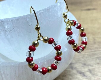 Hoop Earrings Deep Red Bead Dangle Drop Earrings for Women or Girls Gifts/Red and Gold Jewelry