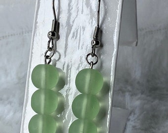 Sea Glass Earrings Green Frosted Bead Drop Earrings Stainless Steel Earrings for Her
