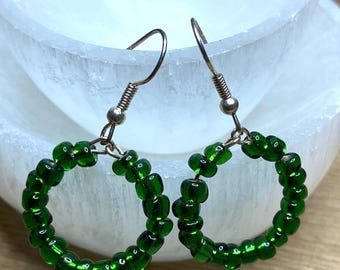 Beaded Earrings Green Hoop Earrings Dangle Drop Earring