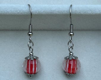 Handmade Red Stripe Czech Glass Bead Dangle Earrings