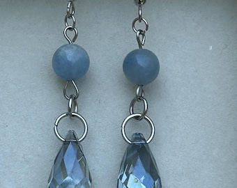 Blue Aventurine Dangle Drop Earrings, Stainless Steel, Gemstone Jewelry