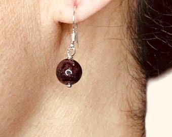 Amethyst Silver Earrings for Women Dangle Drop Small Dangly Ball Gemstone Bead Earrings