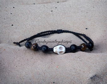 Mens Skull Bead Bracelet Adjustable Black Beaded Bracelets Halloween Costume Tigers Eye Paracord Biker Bracelet Shamballa Gothic