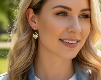 Handmade CZ Heart Dangle Earrings: Gold Leverback Drop Earrings