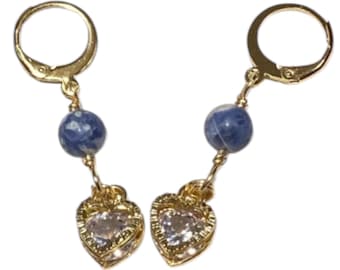 Sodalite Heart Dangle Earrings Bead Drop Earrings Dangle and Drop Earrings, Cubic Zirconia Earrings