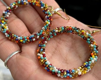 Colorful Beaded Hoops for Women Hypoallergenic Handmade Gold Earrings Handwoven Jewelry Hoop Earring