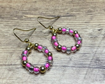 Pink Gold Beaded Earrings Hoop Earrings Dangle Drop Earring