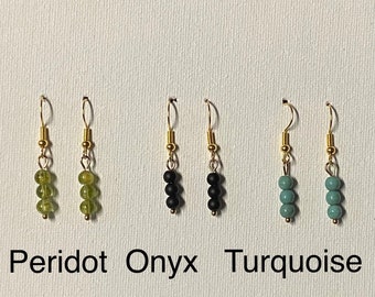3 Bead Gold Dainty Dangle Earrings -  Drop Gemstone Earrings Hypoallergenic Jewelry Small Dangle Earrings Boho Jewelry Ear Wire Earrings