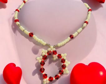 Valentine Heart Pendant Necklace Beaded Choker Handmade Jewelry Gifts for Women