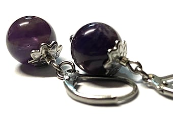 Handmade Amethyst Bead Earrings: Hypoallergenic Stainless Steel Dangle Drop