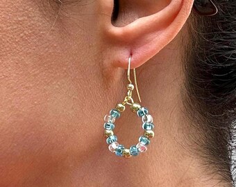 Hypoallergenic Dangling Hoop Earrings Beaded Dangle Earrings Nickel Free Earrings Small Hoops Drop Earrings Bead Earring
