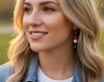 Patriotic Earrings Red White Blue Beaded Dangle Earrings for 4th of July Handmade Jewelry