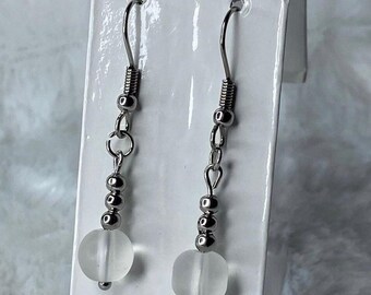 Frosted Bead Drop Earrings Dangle Sea Glass Earrings Hypoallergenic Earrings for Her