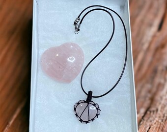 Boxed Gifts Rose Quartz Heart Pendant Necklace Crystal Holder for Her Handmade Caged Pendants Anniversary, Wearable Art