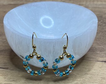 Turquoise Blue Beaded Hoops Dangly Drop Earrings Dangle