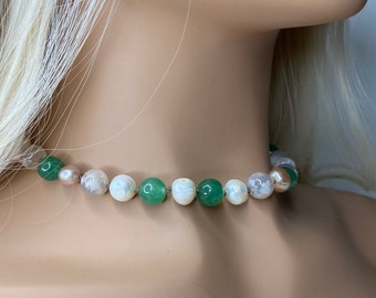 Unusual Pearl Choker Gold Necklace Beaded Gemstones Handmade Jewelry Gifts Mismatched Necklaces for Women