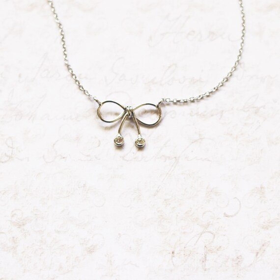 Bridesmaids Everyday Silver Bow Tie Sparkle Charm Necklace Modern Wedding Gift for Her